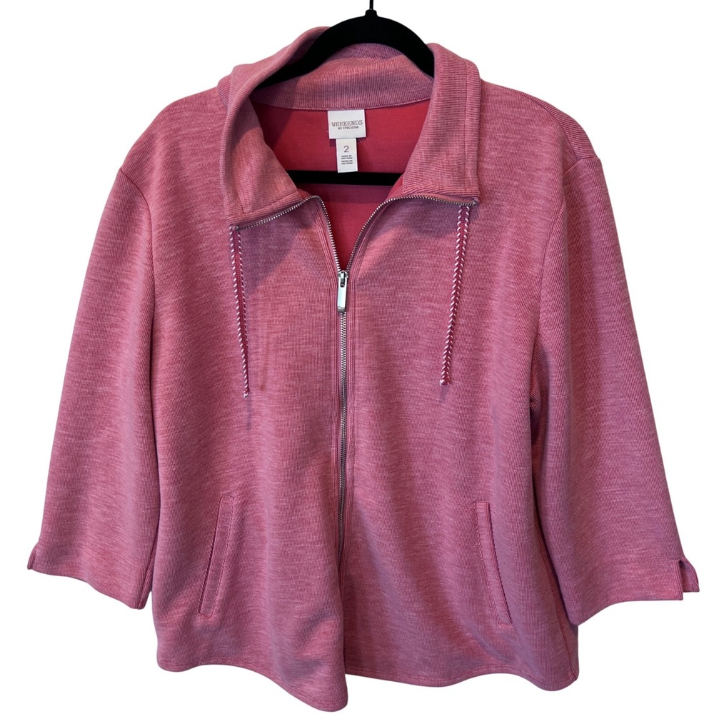 Weekends by Chicos Ribbed‎ Full Zip Collared Jacket Women's Size 2 (large)